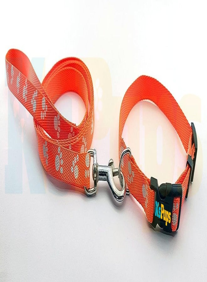 KsPups Paw Printed 15MM Nylon Collar and Leash with Adjustable Plastic Buckle Colour-Full Collar Leash Set Ideal for Puppies/Dogs & Kitten (Orange) - Image 1